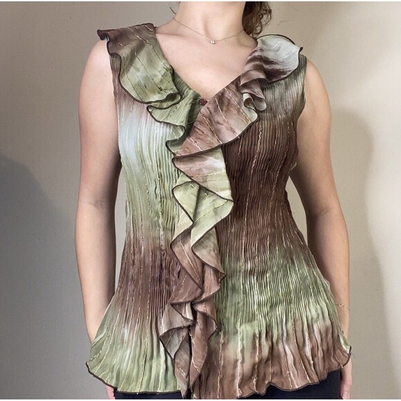 Serenade Y2k Style Green & Brown Crinkle Sheer Ruffle Blouse Top Large - Picture 1 of 11